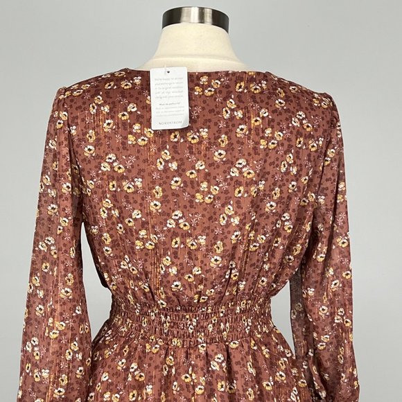 Spirit of Grace Womens Surplice Neck Smocked Floral Print Dress Brown size Large - Picture 8 of 14